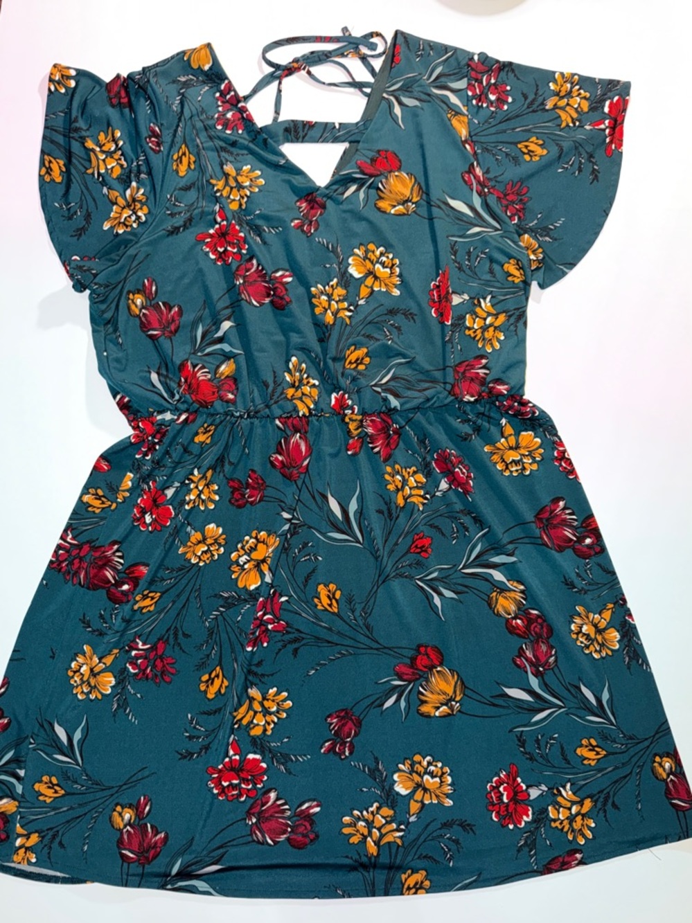 Maurices Teal Floral V-Neck Mini Dress with Red & Yellow Blooms